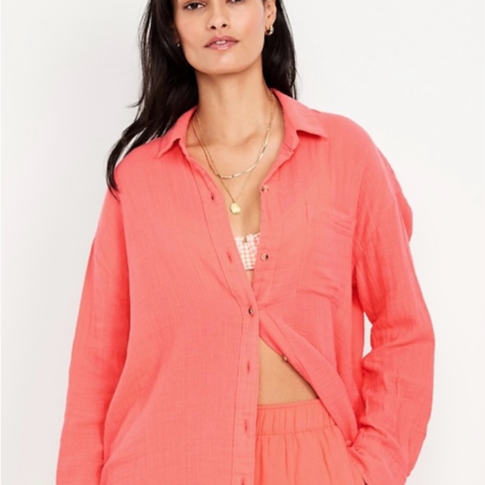 Coral double cotton weave Button-Up Women's Top size xxl